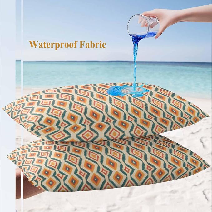 Lumbar Pillow Covers 20x12 Inch Set of 2, Orange Teal Geometric Waterproof Outdoor Pillow Covers, Southwest Ethnic Country Decorative Cushion Pillowcases for Couch, Sofa, Bed, Garden, Patio