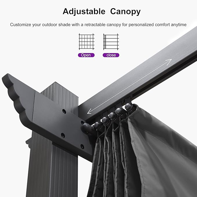 PURPLE LEAF 10' X 13' Outdoor Retractable Pergola with Sun Shade Canopy Patio Metal Shelter for Porch Garden Beach Pavilion Grill Gazebo Modern Yard Grape Trellis Pergola, Gray