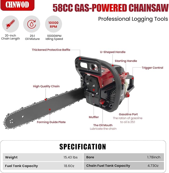 58CC 2-Cycle Gas Powered Chainsaw, 20-Inch Top Handle Chain Saw with Hand-Pull Start, Professional Wood Cutting Tools, Effectively Reduce Noise and Vibration