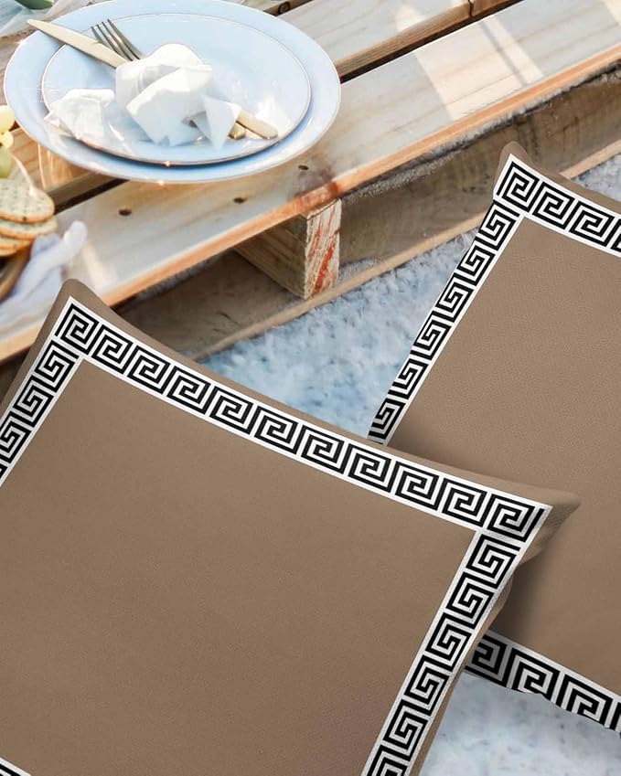 Prime Leader Outdoor Waterproof Pillow Covers Set of 2, Chinese Style Pattern Brown Background Patio Throw Pillow Covers, Decorative Cushion Case for Couch Sofa Furniture Garden, 16x16 Inch