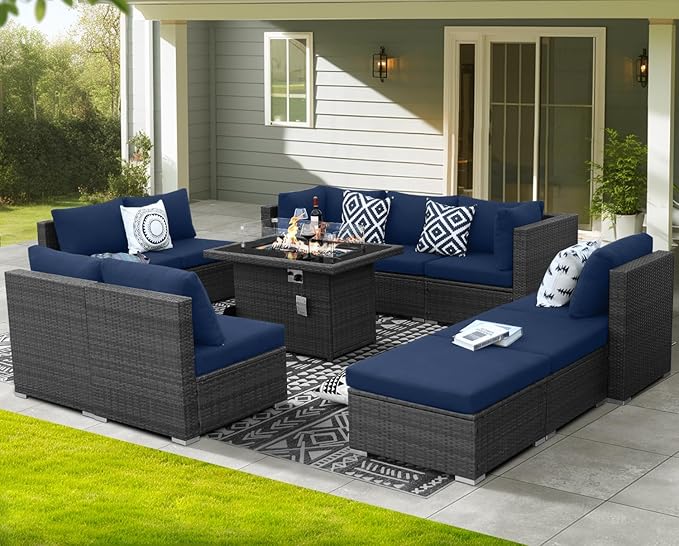 NICESOUL 11 Piece Outdoor Furniture Set with Firepit Table, Luxury 10-Person Patio Sectional Sets, 29.3'' High-Back Backyard Seating Area, All-Weather Rattan Couch Set for Outside, Deck, Grey&Blue