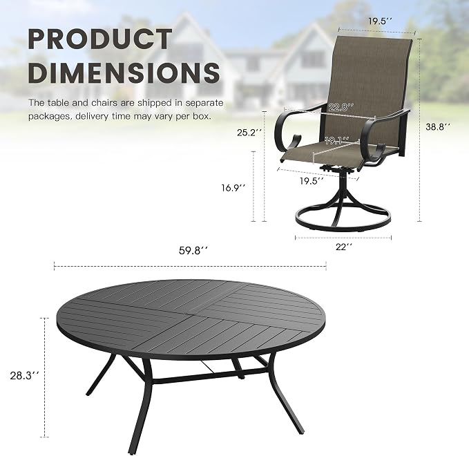 9 Pieces Patio Dining Set, 8 Outdoor Swivel Dining Chairs with 60.1" Round Metal Outdoor Dining Table with Umbrella Hole for Garden Backyard Deck, Mixed Brown & Black