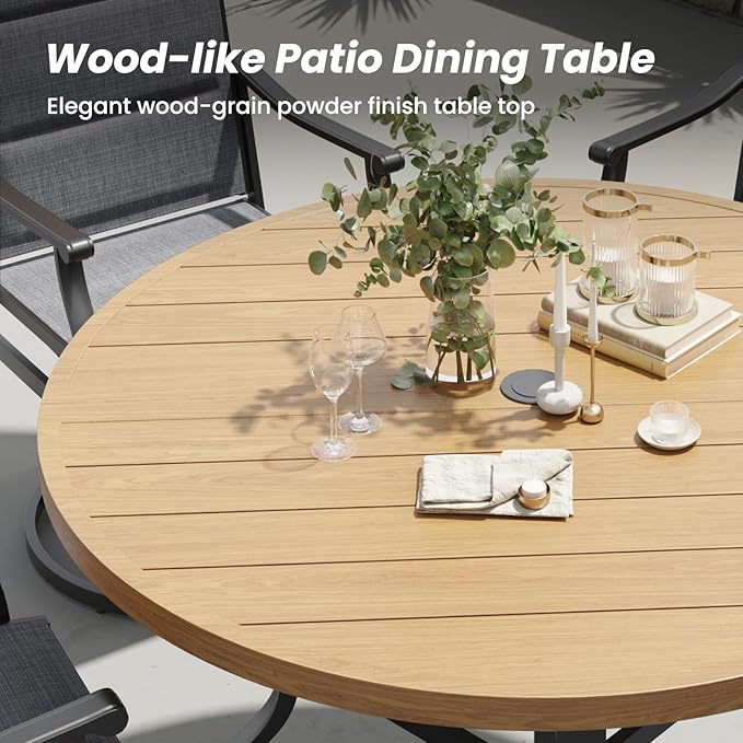 Soohow 5-Piece Outdoor Dining Set, Round Patio Dining Table and Chairs Set, 4 x Swivel Patio Chairs and 41" Round Outdoor Dining Table with 1.57" Umbrella Hole, Wood-Like, Poolside, Backyard, Deck