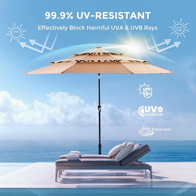HOMSHADE 9FT 3-Tier Solar Patio Umbrella Heavy Duty, Vented Market Table Umbrella Windproof with 32 LED Lights, UPF50+, 5-Year Fade Resistant, 8 Thicker Ribs for Pool, Lawn, Garden, Deck (Beige,No Base)