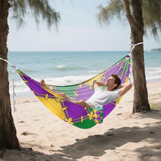 Mardi Gras Purple Green 330lb Capacity Camping Hammock with Portabl Carry Bag Backyard Hammock for Camping & Hiking Essential hamaca de Algodon para Jardin