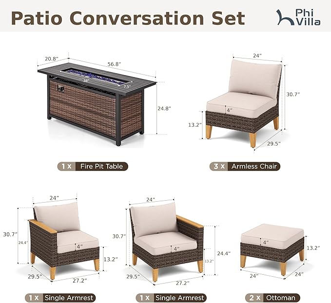 PHI VILLA 8-Piece Outdoor Patio Conversation Set with 56" Fire Pit Table, Outdoor Rattan Furniture Patio Set for 7 Seats with Cushioned 3 x Armrest Chair, 2 x Ottoman and 2 x Armless Sofa, Beige