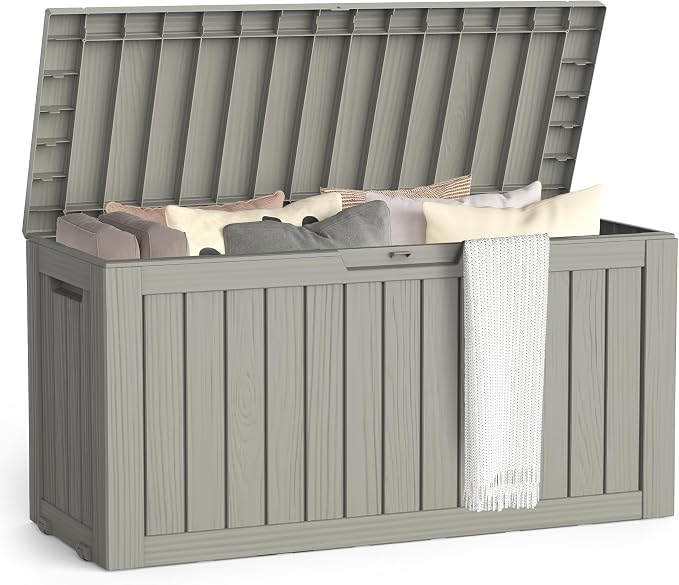 Outdoor Storage Box, 75 Gallon Waterproof Deck Boxes, Resin, Lockable Pool Deck Box for Garden Tools, Patio,Pool Accessories, Cushions, Large Delivery Boxes with Handle，Weatherproof & UV-Resistant