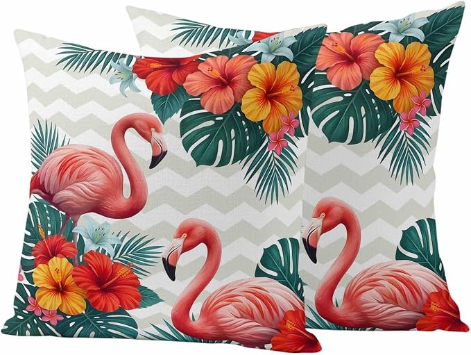 Pink Flamingos Outdoor Pillow Covers 18"x18" Set of 2, Summer Red Hibiscus Flower Tropical Plant Wave Stripes Waterproof Throw Pillow Covers for Patio Furniture, Decorative Cushion Covers for Porch