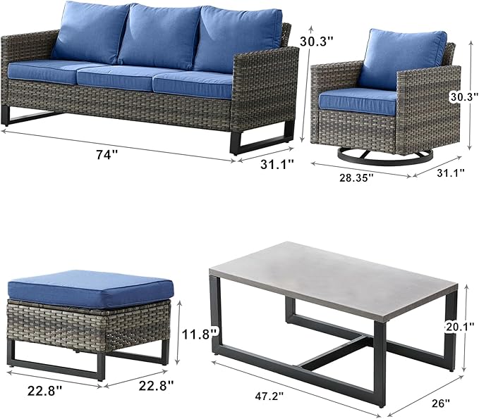 Wicker Outdoor Patio Furniture Set - 6 Piece Patio Conversation Set with 2 Swivel Rocker Chairs,2 Rattan Ottoman,1 Couch and 1 Metal Coffee Table for Outside Porch Deck Backyard(Mixed Grey/Blue)