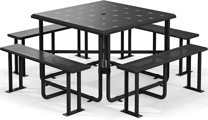 YITAHOME 37" Metal Picnic Table, Powder Coated Outdoor Picnic Table with Heavy-Duty Steel Frame, Adjustable Seats & Umbrella Hole for Yard, Patio, Lawn, Party, Black, Square