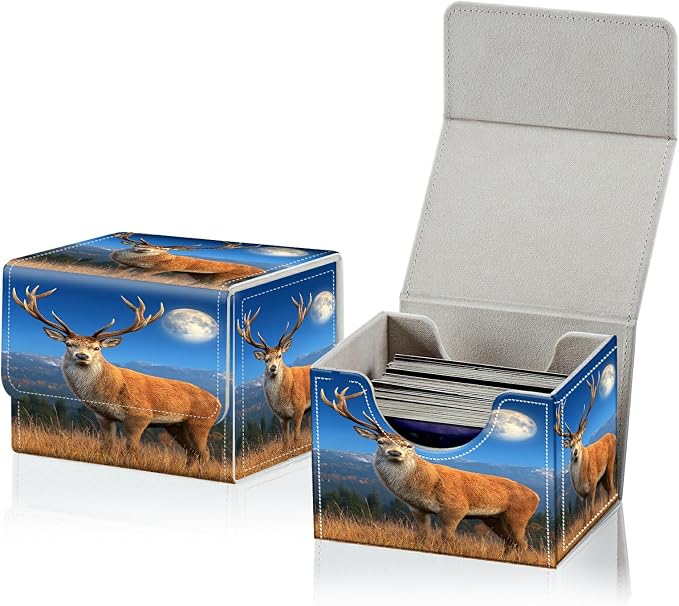 Card Deck Box for MTG, Cards Storage Box Fits 120+ Sleeved, Leather Small Size Strong Magnetic Closing Card Case for Board Games Magic TCG CCG Baseball Collection, Grassland Deer