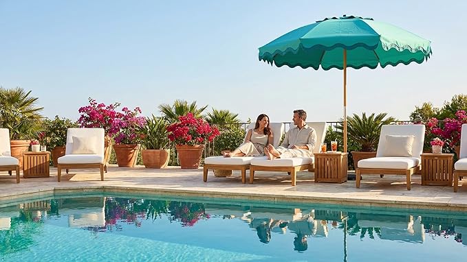 AMMSUN 7.8ft Seashore Umbrella, Outdoor Umbrella, Boho Patio Umbrella with UPF 50+ Air Vent Ash Wood Pole Carry Bag & Water-Resistant Canvas Teal Green