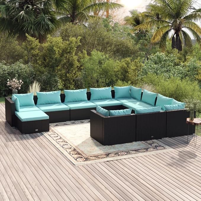 11 Piece Patio Lounge Set with Cushion, Furniture Conversation Sets Patio Lounge Set Outdoor Patio Sectional Piece Patio Set s Poly Rattan Black