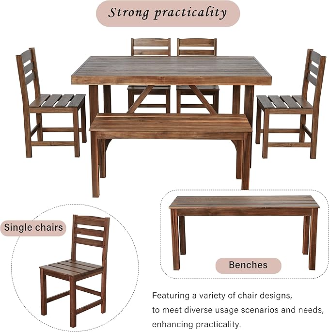 LUMISOL 6 Piece Patio Conversation Furniture Set, 6-Piece Outdoor Table Set with 4 Chairs and 1 Bench for 6 Persons, Acacia Wood Outdoor Table and Chair Set for Patio Balcony Backyard, Brown
