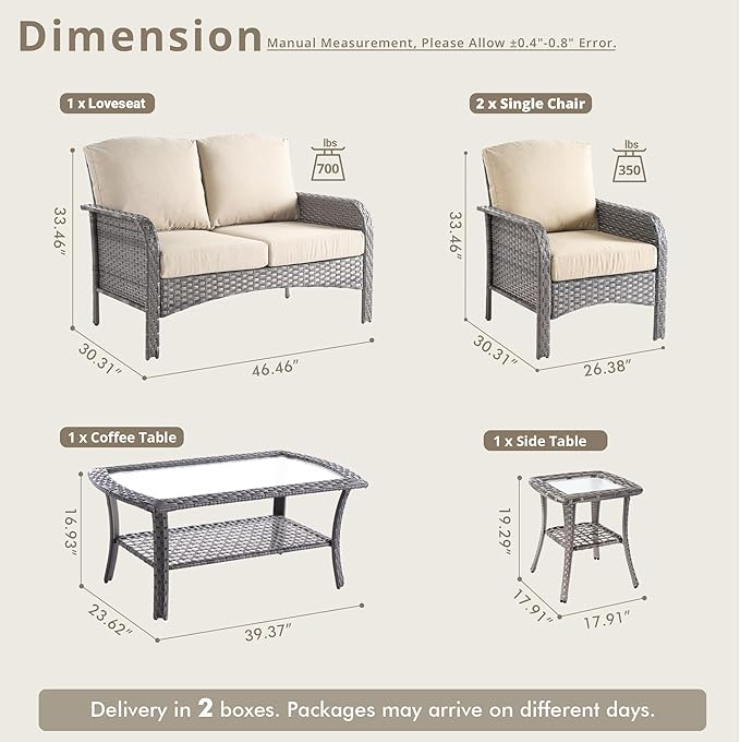 Weaxty Wicker Patio Furniture Set High Back Loveseat Sofa Couch Armchair Coffee Table, All Weather Rattan 4 Pieces Outdoor Conversation Sets for Patio Porch Deck Backyard Poolside, Beige