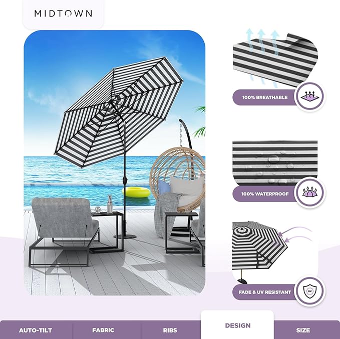 Midtown Umbrellas - 10-Year-No-Fade 6 Ft Patio Umbrella with Terylast Fabric, Auto-Tilt Aluminum Frame and 8 Reinforced Ribs for Deck, Pool, Garden & Beach - Black/White Stripes Canopy, Black Pole
