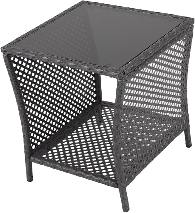 Outdoor Side Table - Patio Rattan End Table with Square Glass Tabletop, Wicker Outdoor Side Table with Extra Storage Shelf for Garden, Backyard, Porch, Silver Gray
