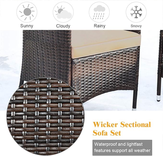 COSTWAY 8PCS Rattan Patio Furniture Set, Outdoor Wicker Rattan Chairs with Coffee Table, Rattan Cushioned Conversation Set for Backyard Balcony Porch Poolside, Brown