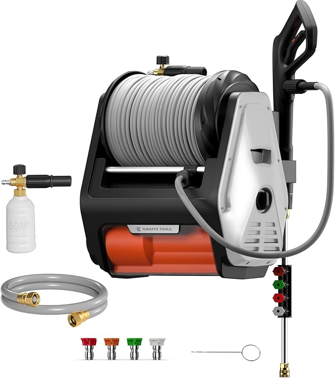 Giraffe Tools Grandfalls Retractable Wall Mounted Pressure Washer Pro, 3700 PSI, 1.6 GPM Electric Power Washer, Automatic Rewind, 100ft Pressure Hoses, 5 Nozzles for Cars/Fences/Patios, Light Silver