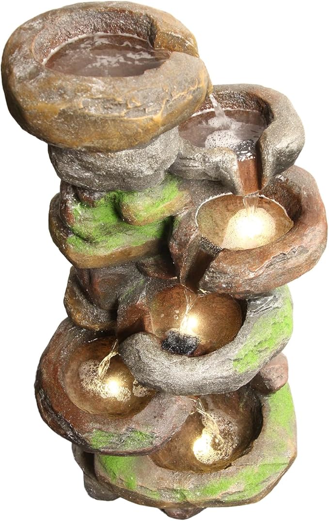 YZM 37.4" H 6-Tiers Cascading Rock Outdoor Water Fountain with LED Lights Outdoor Fountains and Waterfalls for Garden Patio Yard Deck Decor with Natural Stone Look