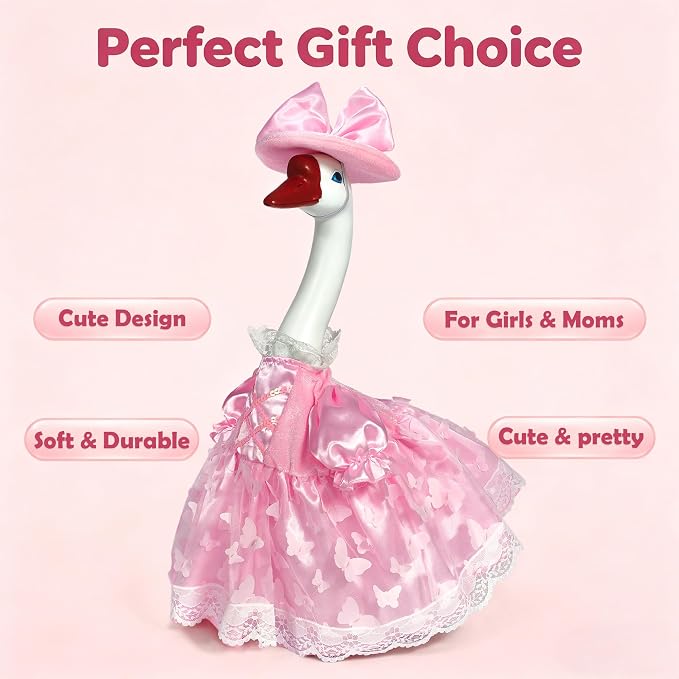 Porch Goose Statue with Princess Outfits - Cute Resin Goose Figurine with Pink Princess Dress Bow Hat, Waterproof Weather Resistant Garden Decor for Patio Lawn Room, Gift for Women Goose Lovers