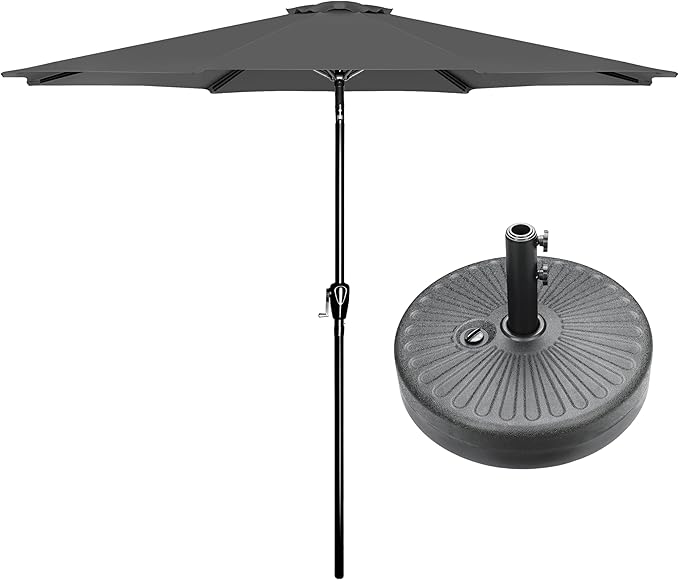 HealSmart 9' Patio Table Umbrella with Button Tilt, 8 Sturdy Ribs, 50lbs Base Stand Included, for Garden, Backyard, Deck, Pool, Gray