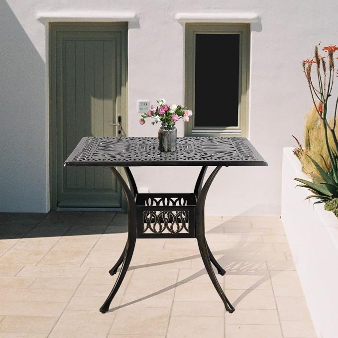Outdoor Cast Aluminum Patio Table, 35.4” Square Bistro Table with 2.2’’ Umbrella Hole for Patio Furniture Garden Deck Backyard