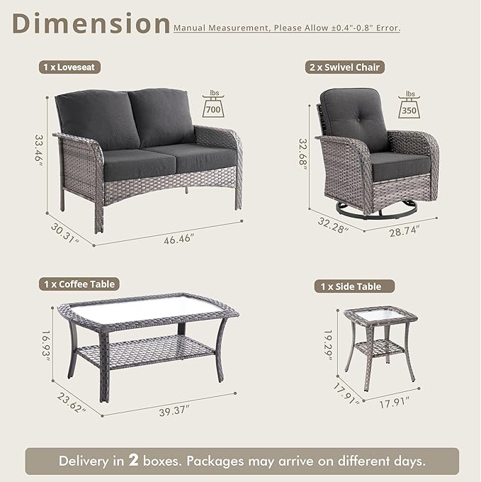 5 Pieces Wicker Patio Furniture Set, High Back Swivel Rocker Chairs Outdoor Loveseat Sofa and Rattan Coffee Table, Outdoor Conversation Sets for Porch Deck Backyard Poolside, Black