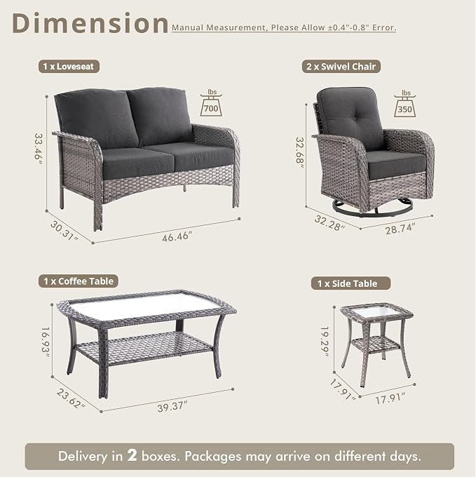 Weaxty Wicker Patio Furniture Set with Swivel Rocker Chairs Outdoor Loveseat Sofa and Rattan Coffee Table, 5 Pieces Outdoor Conversation Sets for Patio Porch Deck Backyard Poolside, Black