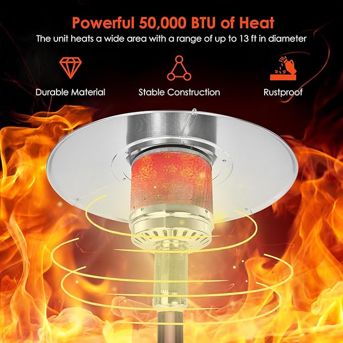 HAPPYGRILL Patio Heater, 48,000 BTU Outdoor Propane Heater with Wheels, Reflective Cover, Triple-Over Protection, Portable Stainless Steel Patio Heater for Outdoor Use Garden, Bronze