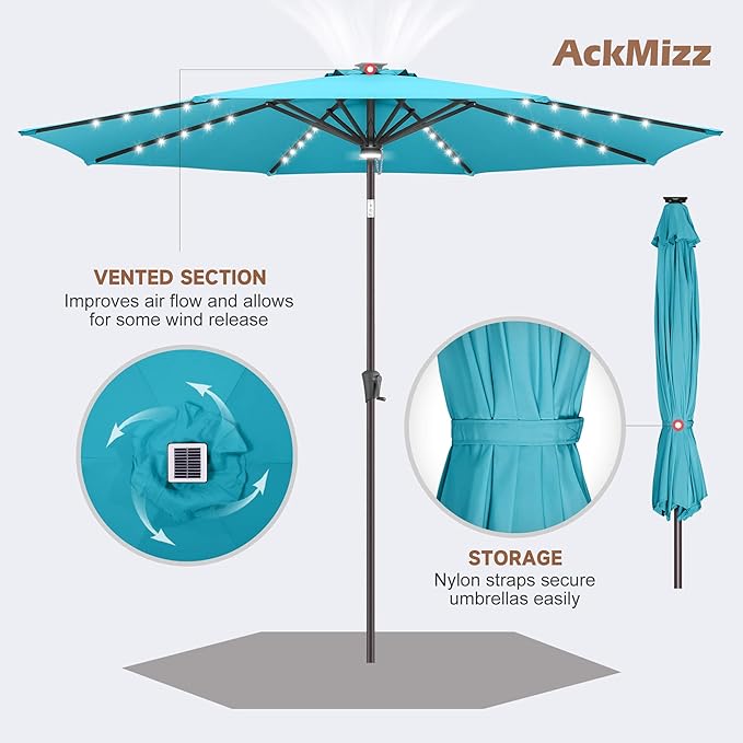 11FT Solar Umbrella Outdoor - Lighted Solar Patio Umbrella with 40 LED Lights Waterproof UV Protection, Table Umbrella with Tilt for Pool, Porch, Garden, Deck, Backyard - Aqua Blue