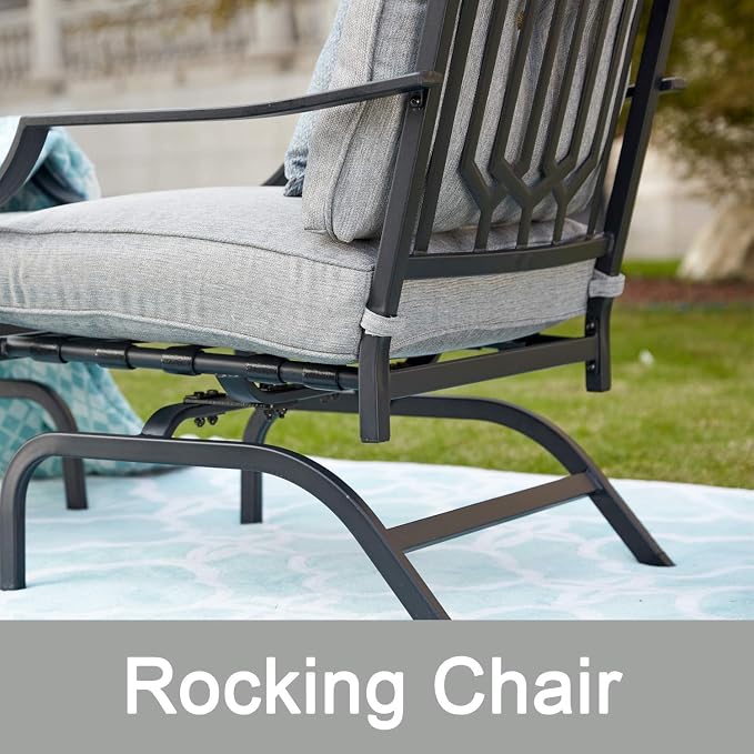 Patio Conversation Set Metal Outdoor Furniture Sets All Weather Cushioned Loveseat & 2 Rocking Chairs & 1 Coffee Table for Poolside Lawn Yard 4pcs