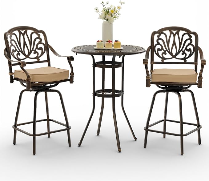 3-Piece Cast Aluminum Outdoor Bar Set, 31.5" Round High Top Patio Table & 2 Swivel Barstools with Cushions, Antique Bronze Rustproof Bistro Set for Balcony, Poolside & Deck