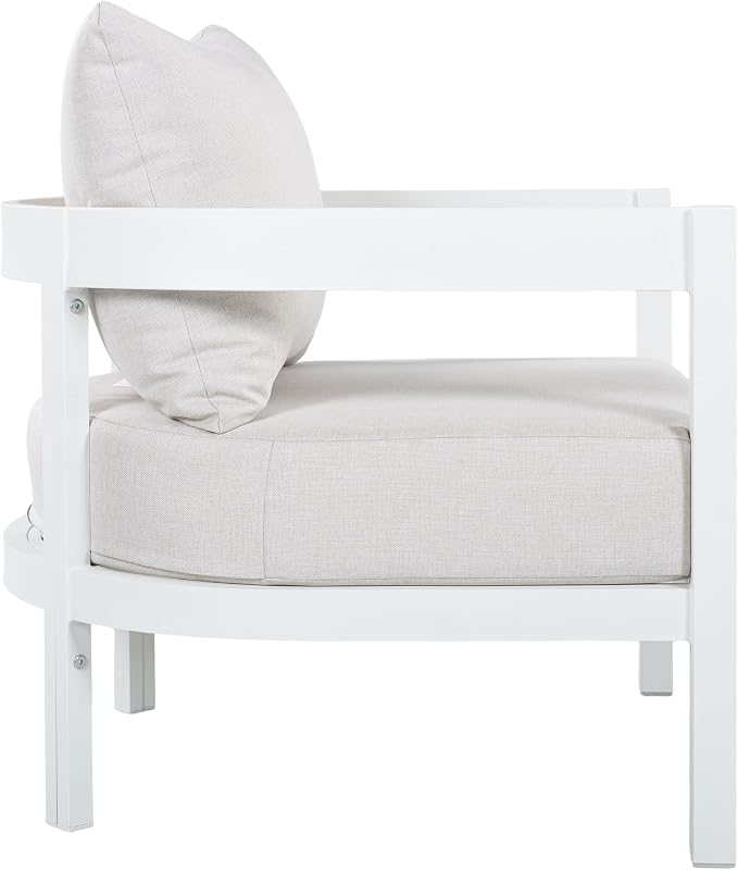 Merax 27.6" Outdoor Curved Patio Accent Chair with All-Weather Coushions, Aluminum Frame Single Lounge for Chair Porch, Lawn, Backyard, Balcony White