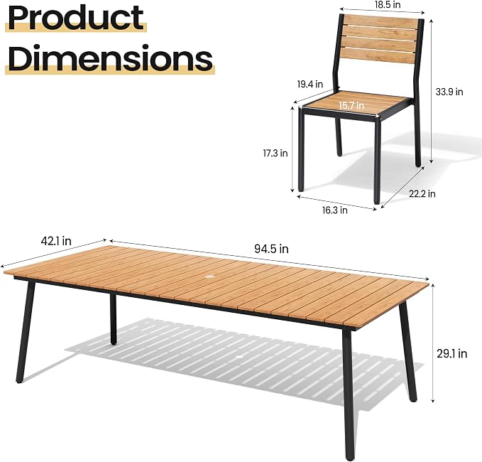 11-Piece Outdoor Dining Set for 10 Person with Teak Wood-Grain Top | Armless Stackable Chairs with 19.4" Seat Depth, Aluminum Frame Dining Furniture with Umbrella Hole for Deck, Porch & Backyard