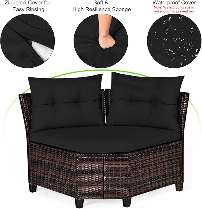 Tangkula 4-Piece C Shape Patio Furniture Set, Outdoor Corner Wicker Rattan Sectional Cushioned Sofa Set, with Glass Coffee Table, for Garden Poolside Balcony (Black)