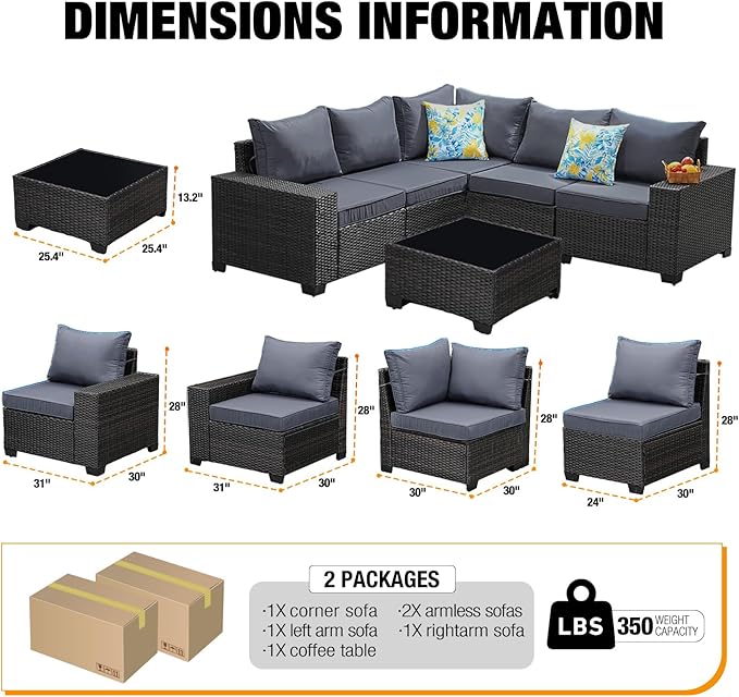 6 Pieces Patio Furniture Set, Wicker PE Rattan Outdoor Sectional with Cushion & Coffee Table, Patio Conversation Sofa for Garden, Backyard, Poolside, Grey