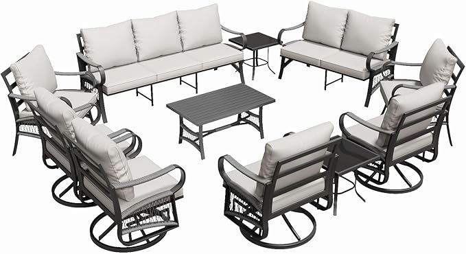 11 Piece Patio Furniture Set, 4 Single Swivel Chairs, Rope Braided Exposed with Thick Cushions, Outdoor All Weather Patio Conversation Sectional Sofa Set for Garden, Porch, Lawn, Beige