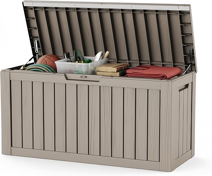 80 Gallon Deck Box, Waterproof Resin Outdoor Storage Box with Lockable Lid, Patio Storage Box with Fade Resistant for Patio Furniture Cushions, Pool Accessories, Garden Tools, Light Coffee