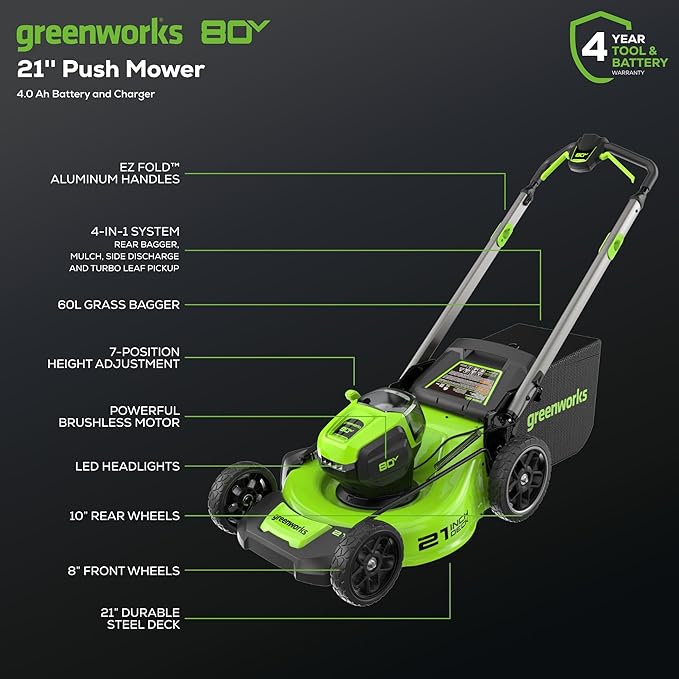 Greenworks 80V 21" Brushless Cordless (Push) Lawn Mower (LED Headlight + Aluminum Handles), 4.0Ah + 2.0Ah Battery and Rapid Charger Included (75+ Compatible Tools)