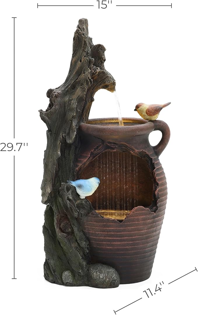 LuxenHome 30 Inch Tall Outdoor Water Fountain, Rustic Pot and Tree Trunk Cascading Waterfall Fountain Outdoor and Indoor with LED Lights, Resin Garden Water Fountains for Patio, Porch, and Backyard