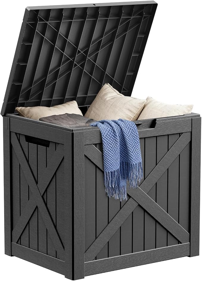 DRATO 32 Gallon Deck Box X pattern, Outdoor Storage Box for Patio Cushion, Garden Tools, Waterproof Patio Storage Box, Lockable (Black, 32 Gallon)