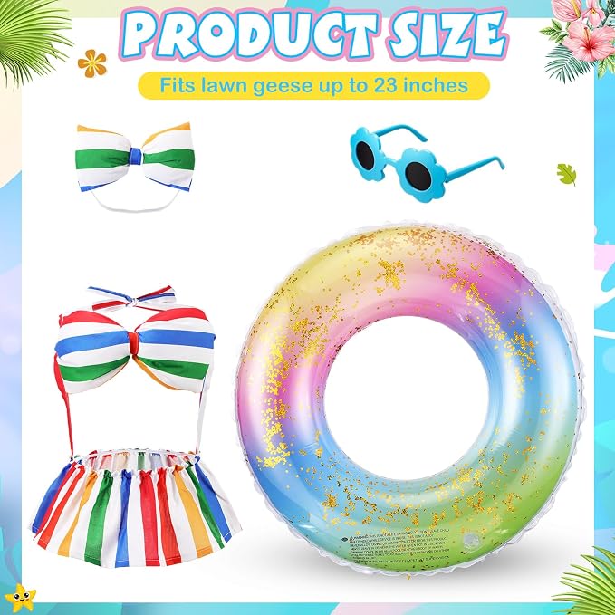 Bikini Porch Goose Outfits with Sunglasses and Swimming Tube for 23" Summer Goose Costume Garden Patio Statue Decor(Rainbow)
