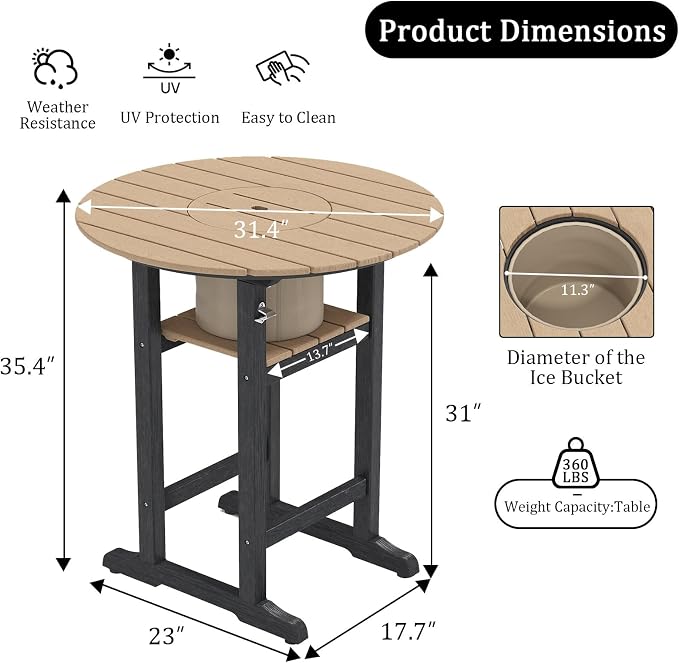 OTSUN Outdoor Adirondack Bar Table with Built-in Ice Bucket, 32“ Height Patio Large Pub Table for 4, All Weather Counter Height Table with Built-in Footrest for Outside Deck Porch Balcony Poolside