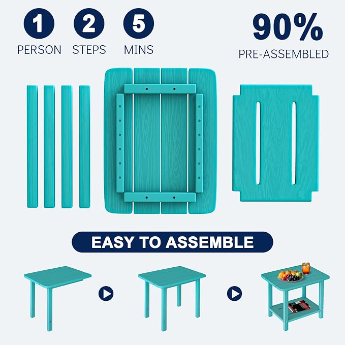 nevilywood 2-Tier End Table, Outdoor Adirondack Side Tables, Whether resisted HDPE, Wood Texture - Poolside, Patio,Lawn & Aruba Blue
