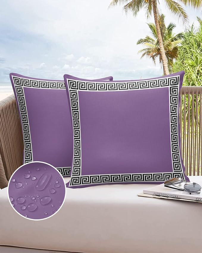 Prime Leader Outdoor Waterproof Pillow Covers Set of 2, Chinese Style Pattern Purple Background Patio Throw Pillow Covers, Decorative Cushion Case for Couch Sofa Furniture Garden, 16x16 Inch