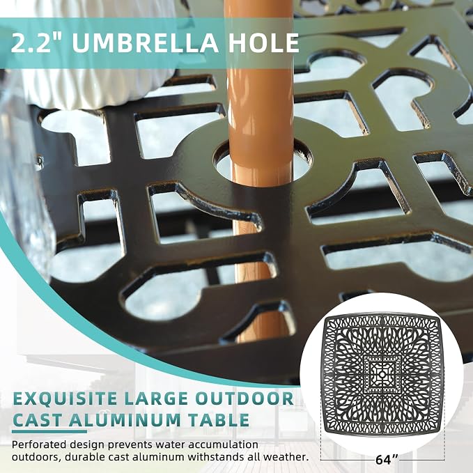 MEETWARM 9-Piece Outdoor Patio Dining Set for 8, All Weather Cast Aluminum Patio Funiture Table and Chairs Set- Large 64" Square Table and 8 Cushioned Swivel Rocker Chairs, 2.2" Umbrella Hole, Red