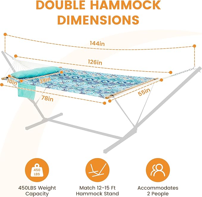 Lazy Daze Hammocks 2 Person Double Quilted Fabric Hammock with Spreader Bar, Detachable Pillow, Side Pocket, Carabiners, Chains, Straps for Outdoor, 450lbs Capacity, Floral Auqa