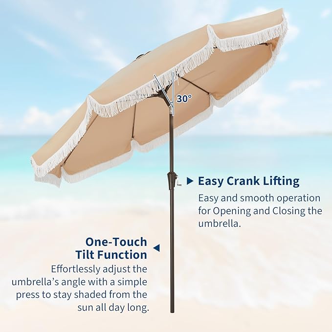 PeakPursuit 9 ft Patio Umbrella with Fringe, Tassel Outdoor Beach Umbrella for Sand with Push Button Tilt, 8 Fiberglass Ribs, UV 50+ Sun Protection for Garden, Pool, Backyard, Deck