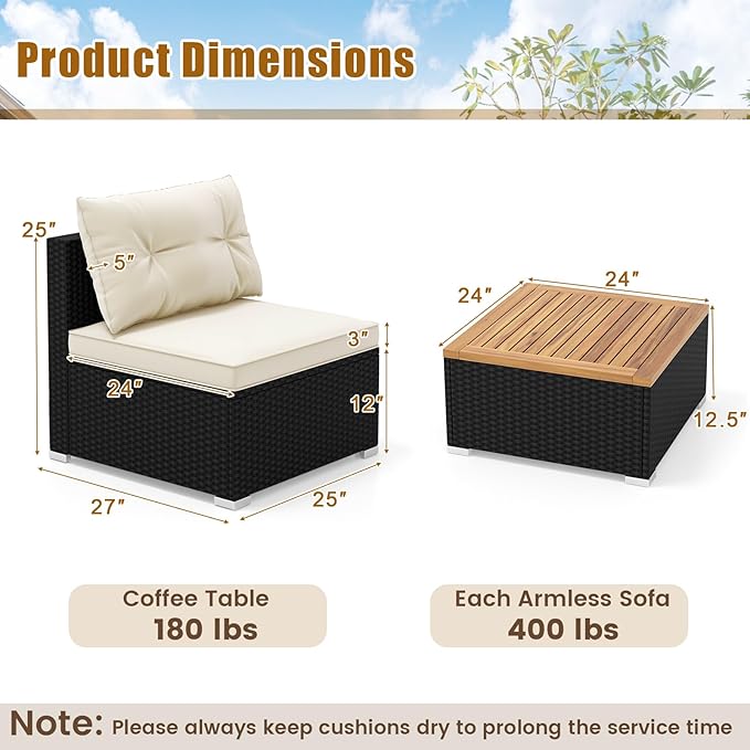 5 Pieces Patio Furniture Set, Outdoor Sectional Sofa with Acacia Wood Coffee Table & Cushions, Wicker Patio Conversation Set for Porch, Deck, Balcony, Poolside & Backyard (Off White)
